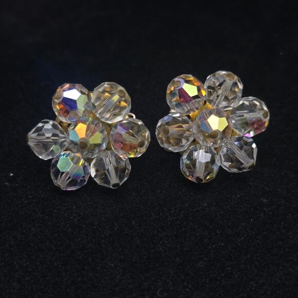 Aurora Borealis AB Glass Flower Clip On Earrings Vintage Jewelry - Picture 1 of 6